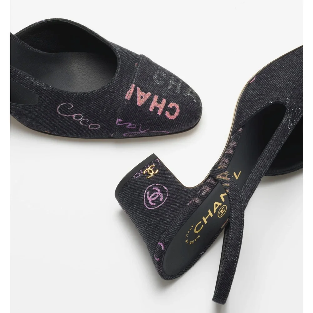 Chanel 22P Mademoiselle Coco Sling Black Grey Denim Slingback Sandal Heel 37.5 - Picture 8 of 12
